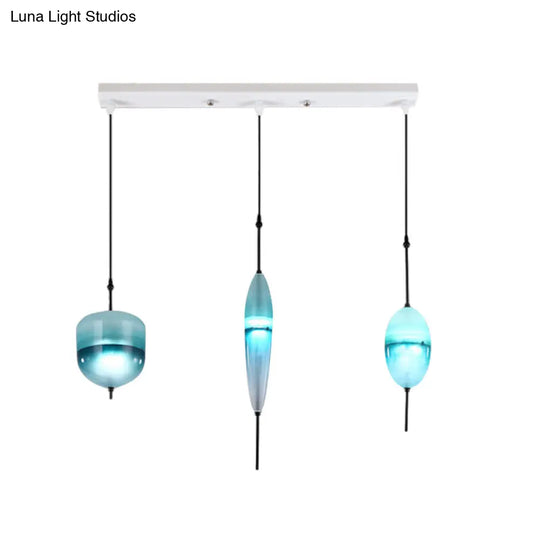 Modernist Blue/White Glass Cluster Pendant Light Fixture - Teardrop/Drum/Cylinder Design 1/3 Lights