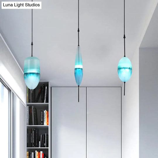 Modernist Blue/White Glass Cluster Pendant Light Fixture - Teardrop/Drum/Cylinder Design 1/3 Lights