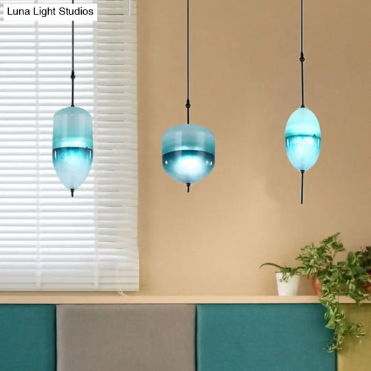 Modernist Blue/White Glass Cluster Pendant Light Fixture - Teardrop/Drum/Cylinder Design 1/3 Lights