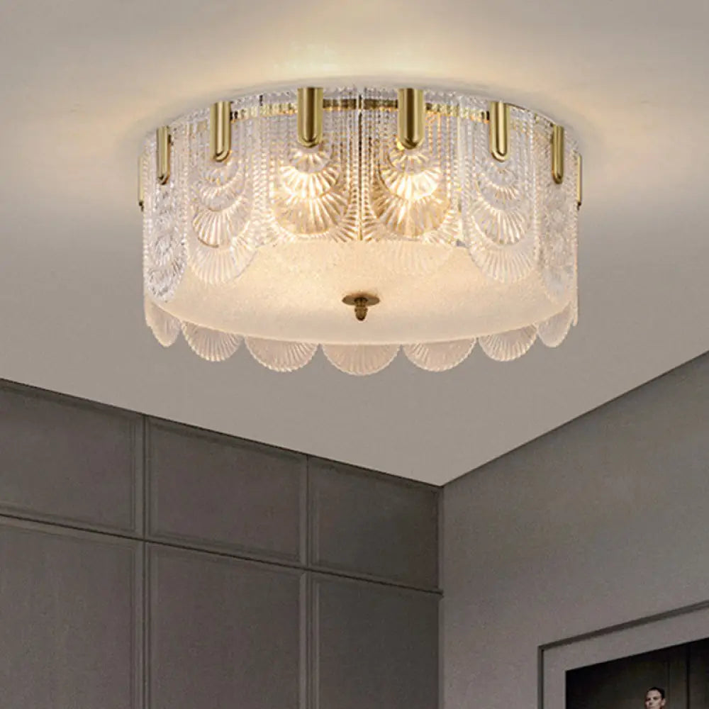 Modern Textured Glass Scalloped Ceiling Lamp With 6 Bulbs Brass Finish - Flush Mount Recessed