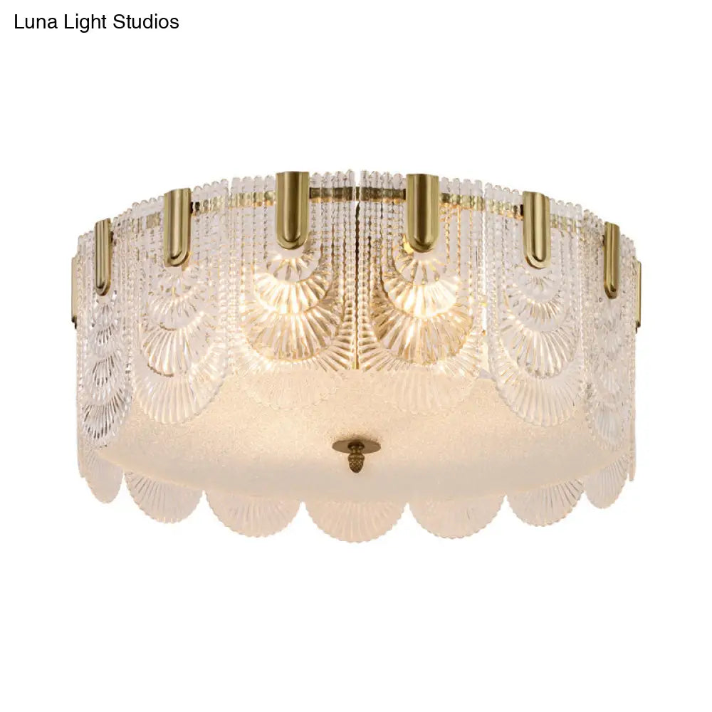 Modern Textured Glass Scalloped Ceiling Lamp With 6 Bulbs Brass Finish - Flush Mount Recessed