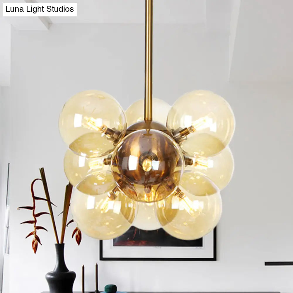 Modern Textured White/Amber Glass Ball Led Chandelier - 9 Heads Hanging Ceiling Lamp For Dining Room