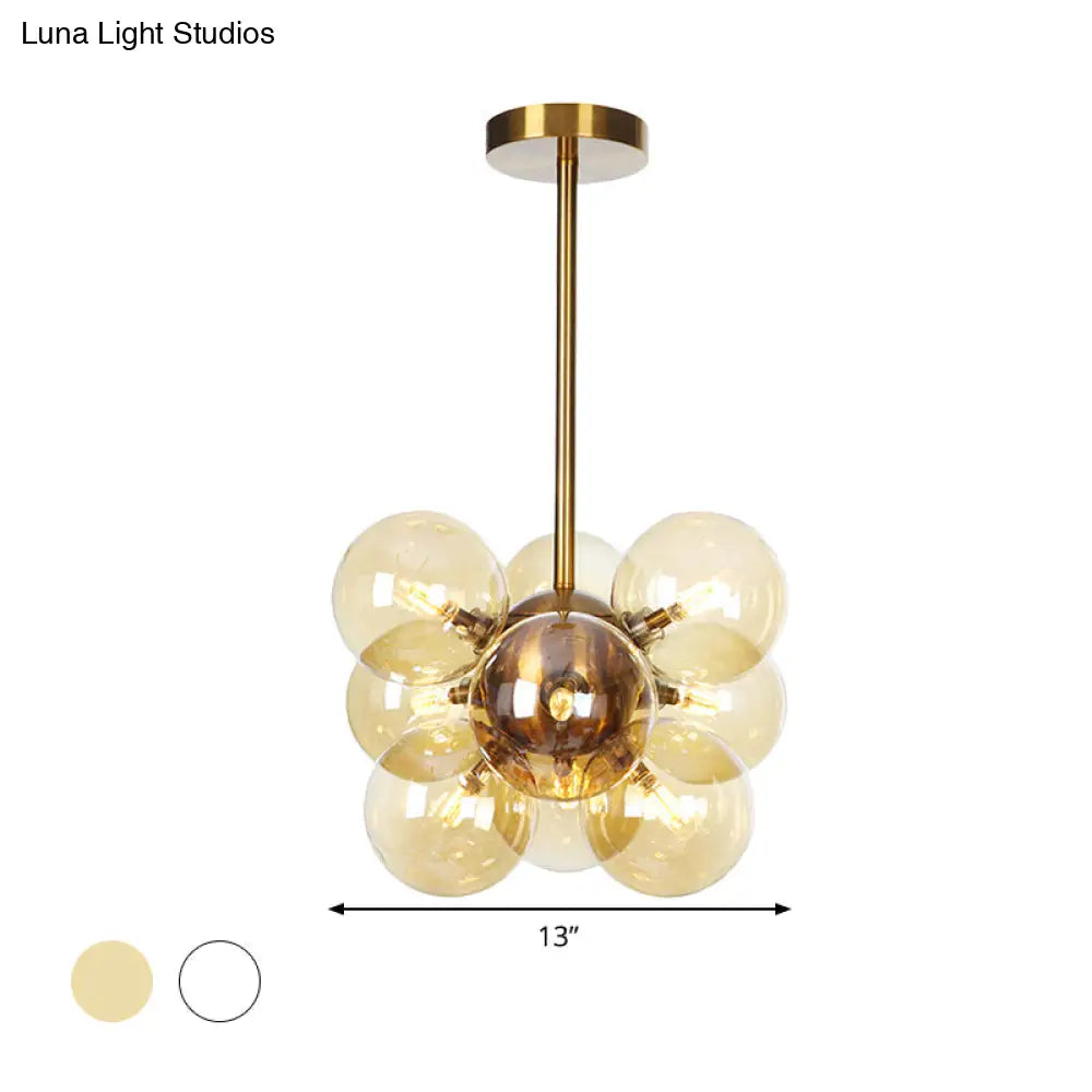 Modern Textured White/Amber Glass Ball Led Chandelier - 9 Heads Hanging Ceiling Lamp For Dining Room