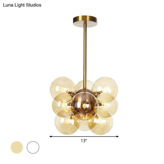 Modern Textured White/Amber Glass Ball Led Chandelier - 9 Heads Hanging Ceiling Lamp For Dining Room