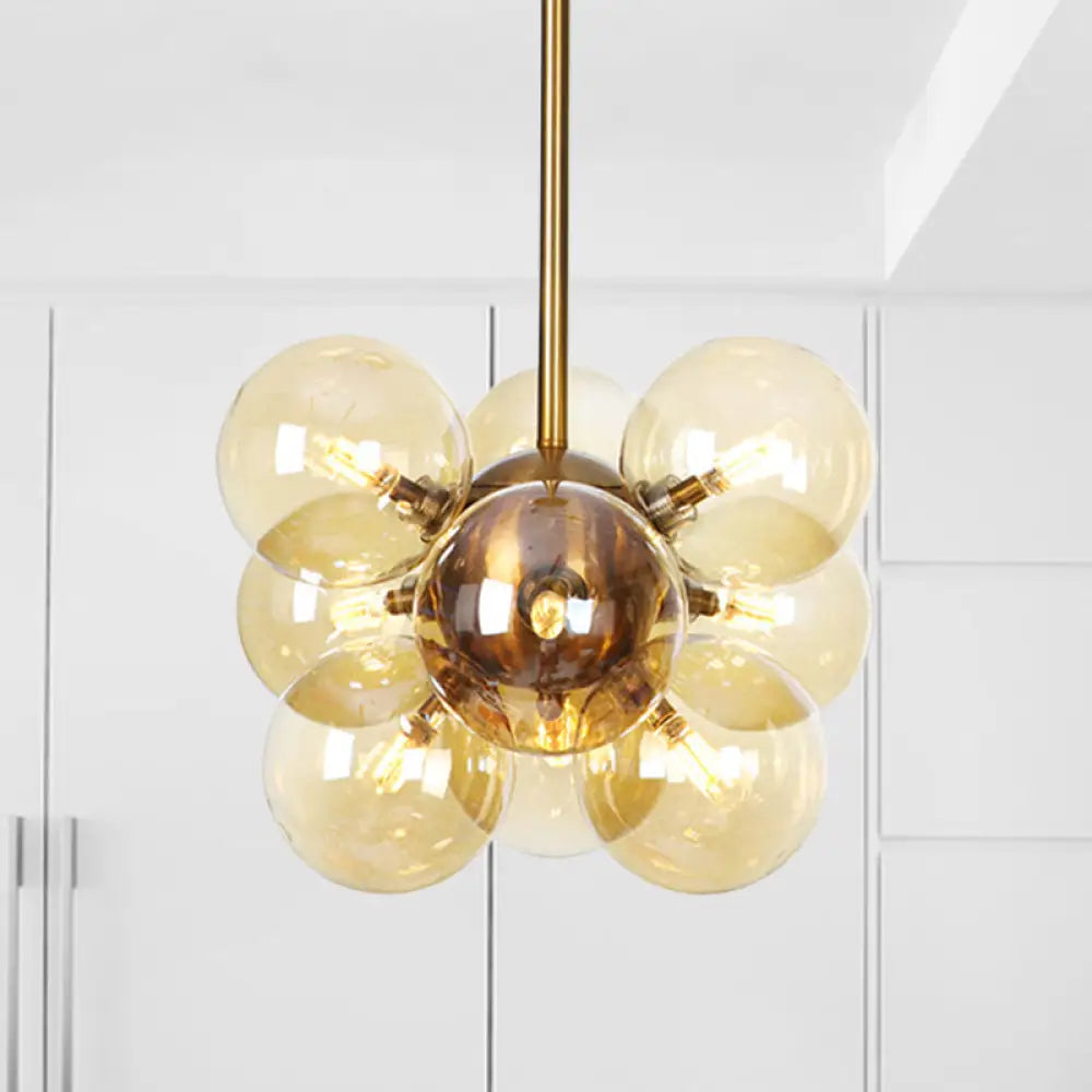 Modern Textured White/Amber Glass Ball Led Chandelier - 9 Heads Hanging Ceiling Lamp For Dining Room