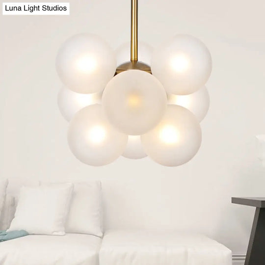 Modern Textured White/Amber Glass Ball Led Chandelier - 9 Heads Hanging Ceiling Lamp For Dining Room