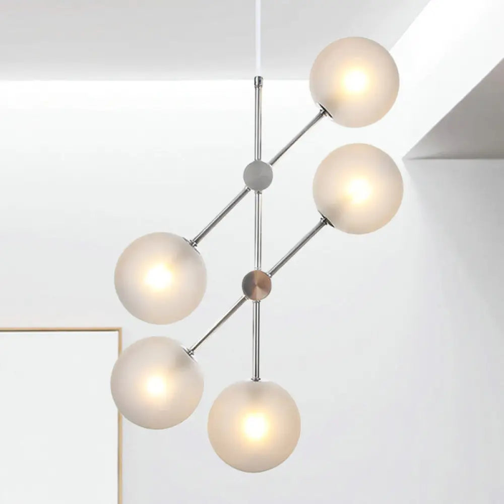 Modern Textured White Glass Globe Chandelier With 5 Bulbs - Bedroom Ceiling Suspension Lamp