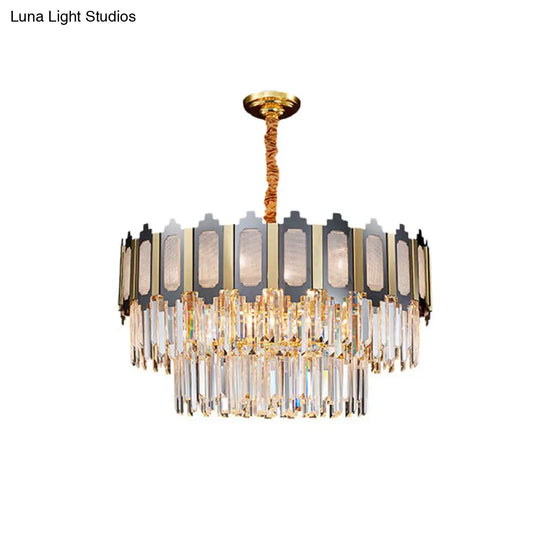 Modern Tiered Bedroom Chandelier Lamp With Clear Crystal 10 Heads Black & Gold Pendant