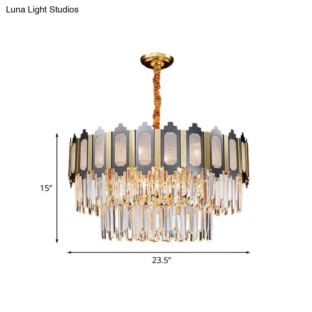 Modern Tiered Bedroom Chandelier Lamp With Clear Crystal 10 Heads Black & Gold Pendant