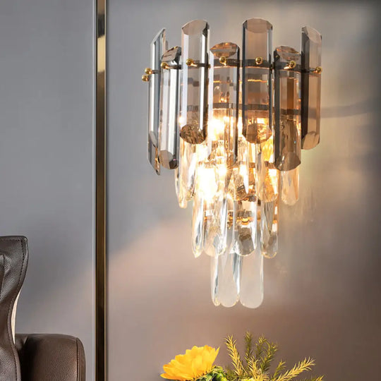 Modern Tiered Clear And Smoke Grey Crystal Wall Sconce & Light Fixture