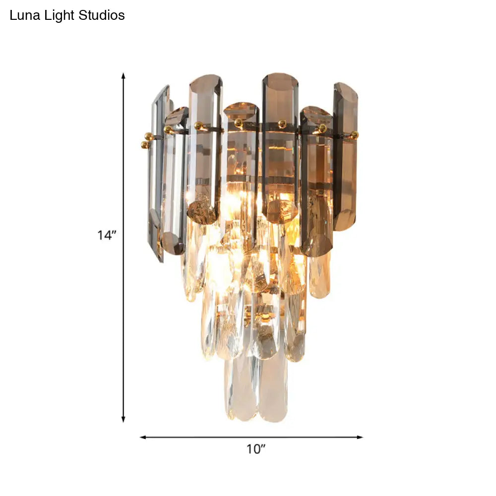 Modern Tiered Clear And Smoke Grey Crystal Wall Sconce & Light Fixture