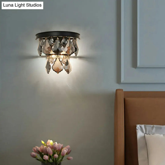 Modern Tiered Sconce Light With Cut-Crystal Accents - Sleek Bedside Wall Mount Fixture (2 Bulbs)