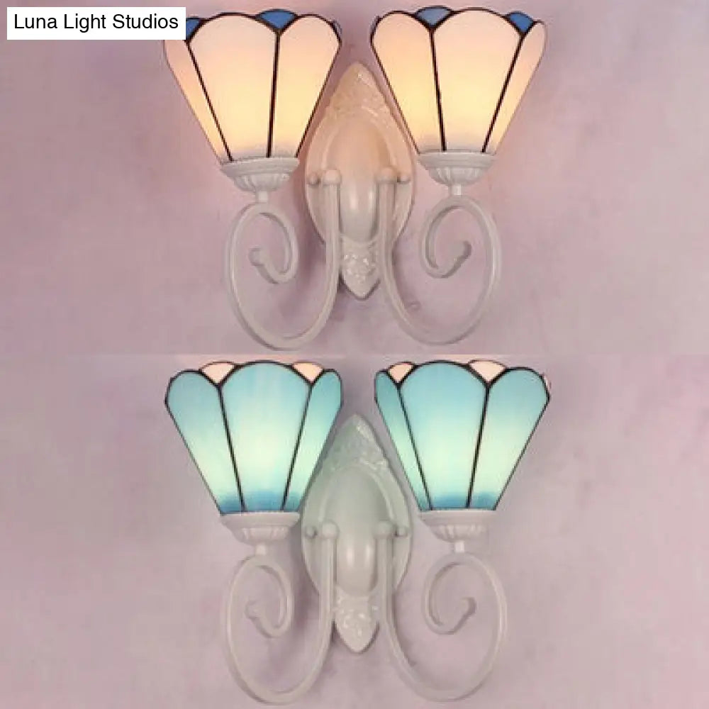 Modern Tiffany Cone Wall Lamp - White Finish Stained Glass With 2 Lights White/Blue