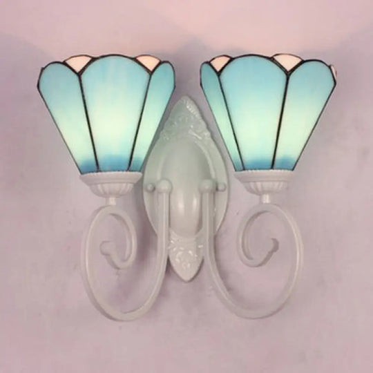 Modern Tiffany Cone Wall Lamp - White Finish Stained Glass With 2 Lights White/Blue Blue