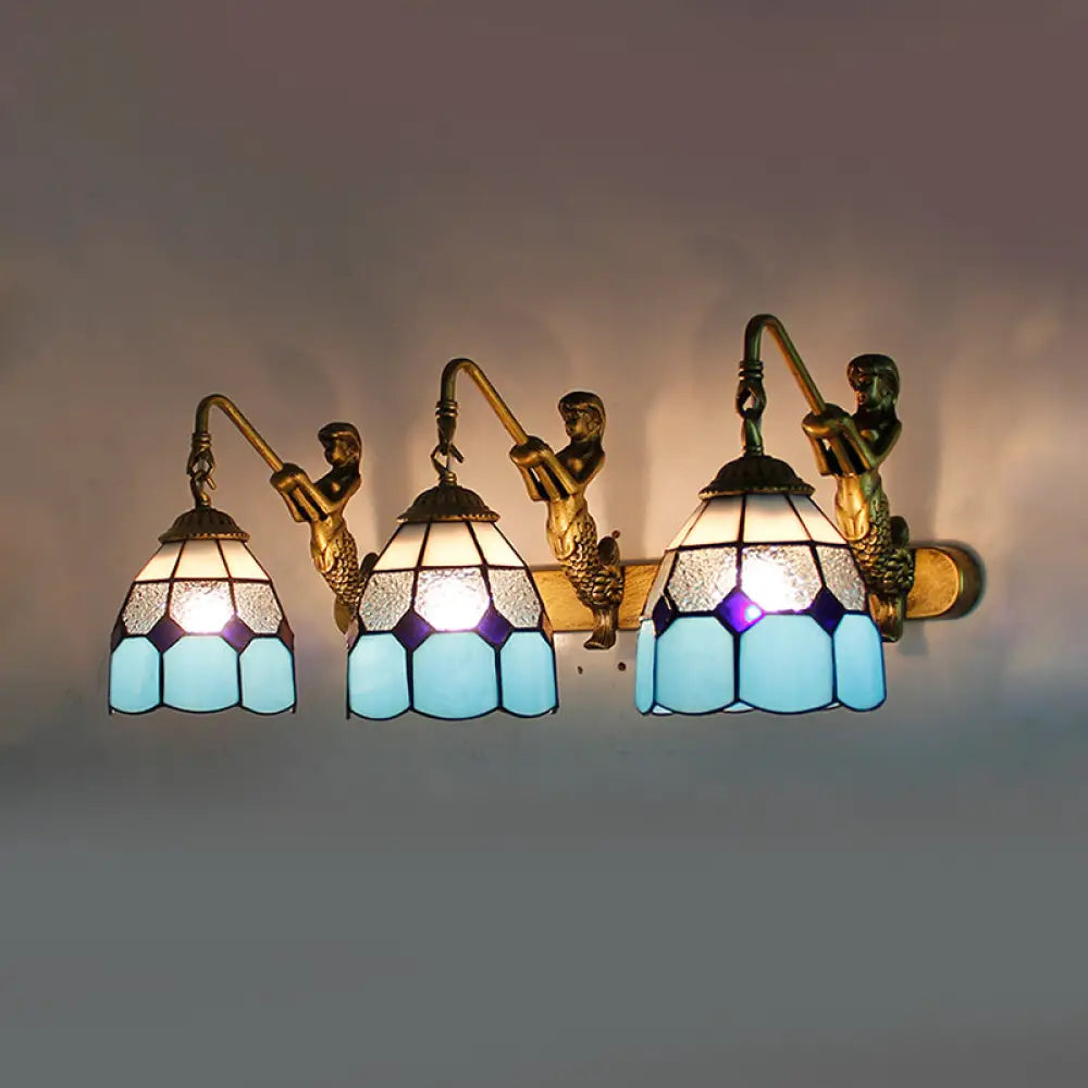 Modern Tiffany Glass Wall Sconce: 3-Head Grid Pattern Light Blue/Green/Clear Dimpled Lighting Blue