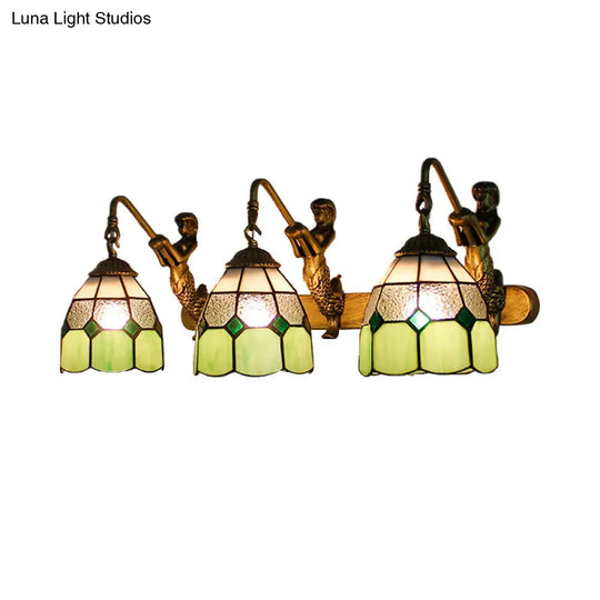 Modern Tiffany Glass Wall Sconce: 3-Head Grid Pattern Light Blue/Green/Clear Dimpled Lighting