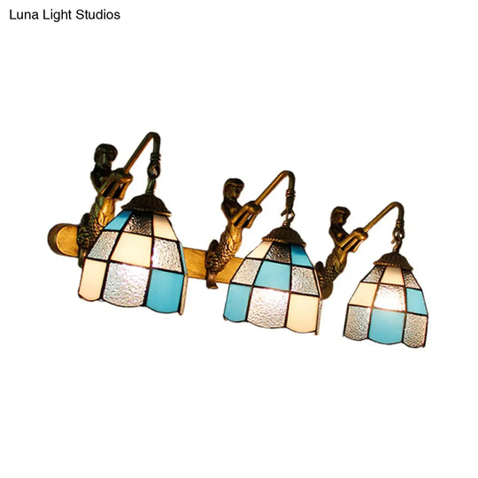 Modern Tiffany Glass Wall Sconce: 3-Head Grid Pattern Light Blue/Green/Clear Dimpled Lighting