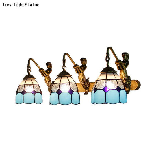 Modern Tiffany Glass Wall Sconce: 3-Head Grid Pattern Light Blue/Green/Clear Dimpled Lighting