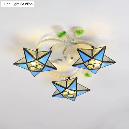 Modern Tiffany Stained Glass Flush Mount Ceiling Light With 3 Star - Shaped Heads In Vibrant