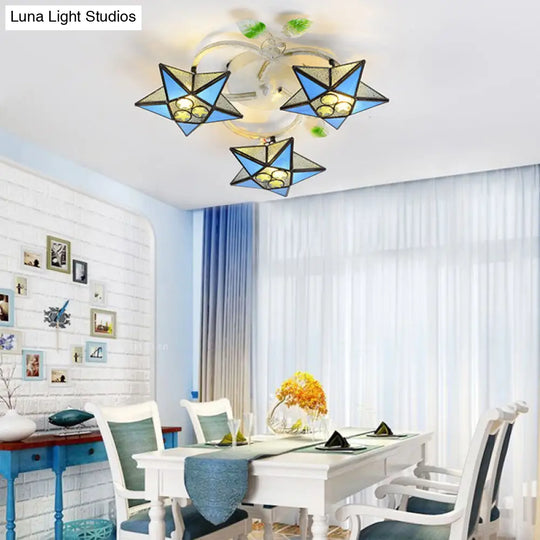 Modern Tiffany Stained Glass Flush Mount Ceiling Light With 3 Star - Shaped Heads In Vibrant