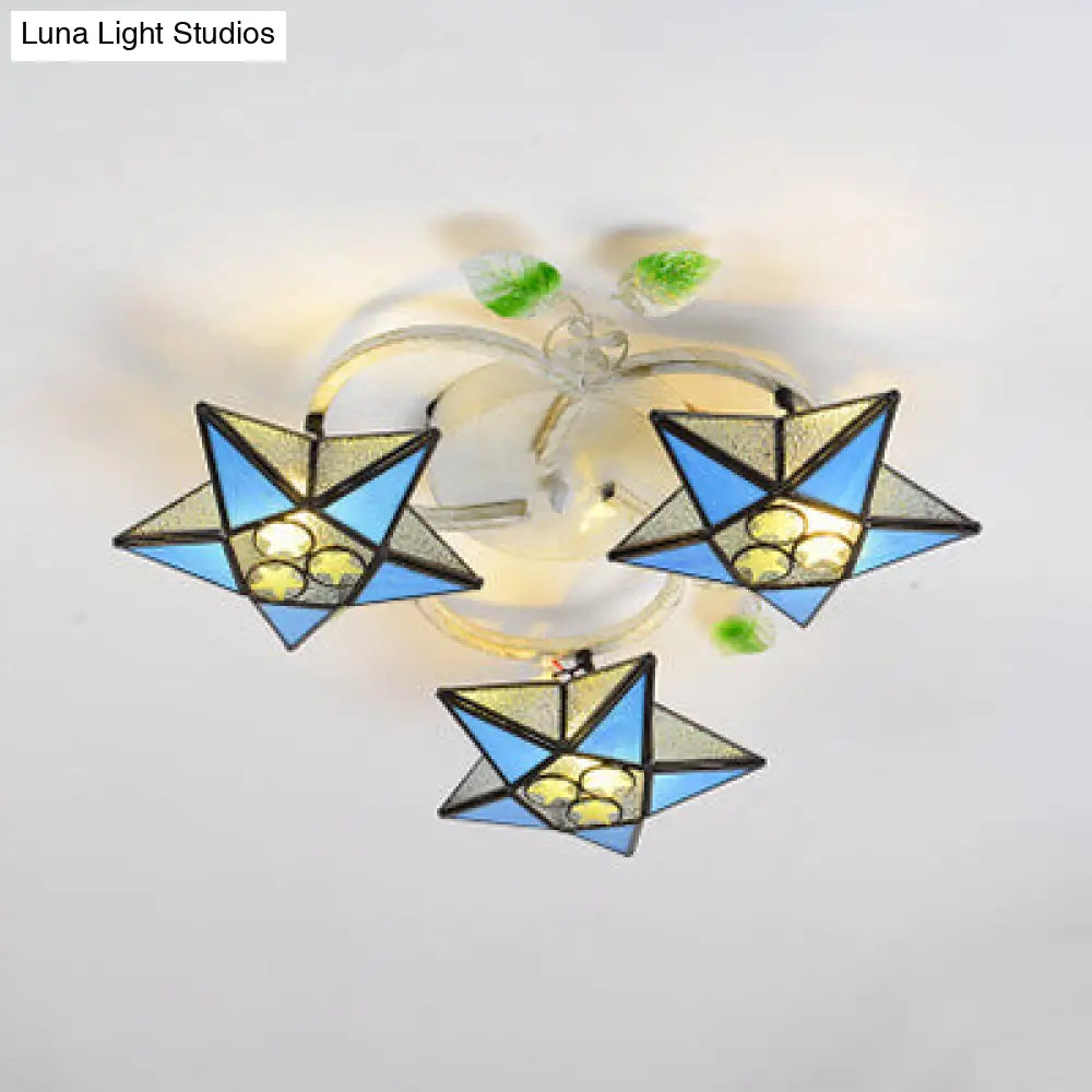 Modern Tiffany Stained Glass Flush Mount Ceiling Light With 3 Star-Shaped Heads In Vibrant