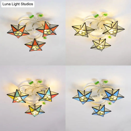 Modern Tiffany Stained Glass Flush Mount Ceiling Light With 3 Star - Shaped Heads In Vibrant