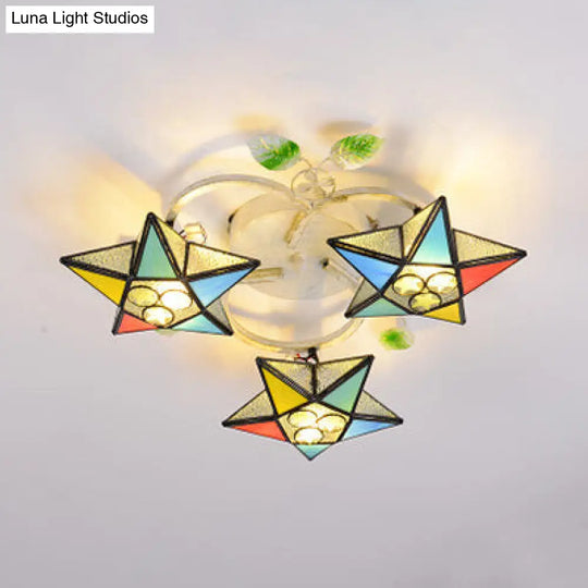 Modern Tiffany Stained Glass Flush Mount Ceiling Light With 3 Star-Shaped Heads In Vibrant