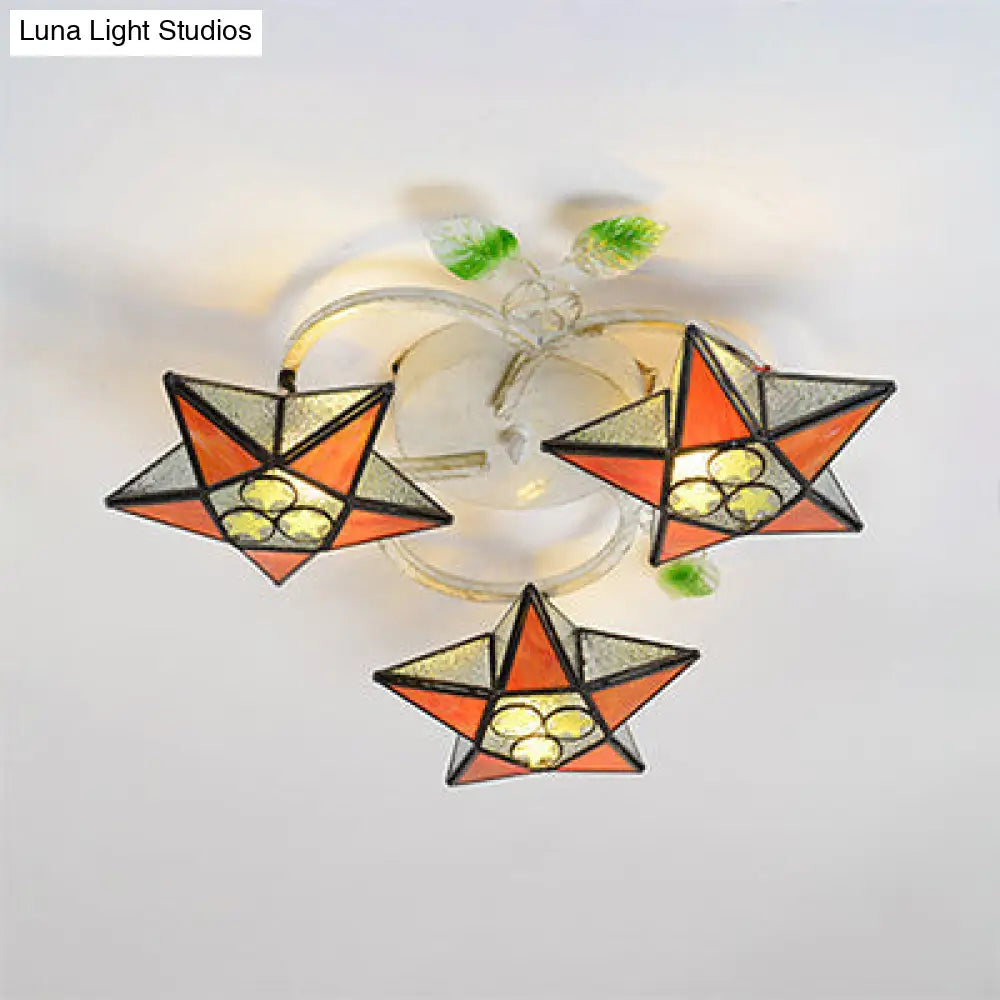 Modern Tiffany Stained Glass Flush Mount Ceiling Light With 3 Star-Shaped Heads In Vibrant