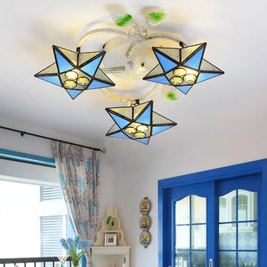 Modern Tiffany Stained Glass Flush Mount Ceiling Light With 3 Star - Shaped Heads In Vibrant