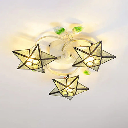 Modern Tiffany Stained Glass Flush Mount Ceiling Light With 3 Star - Shaped Heads In Vibrant