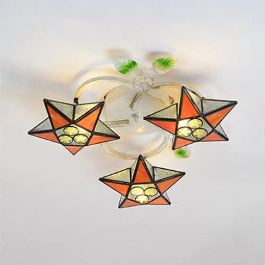 Modern Tiffany Stained Glass Flush Mount Ceiling Light With 3 Star - Shaped Heads In Vibrant