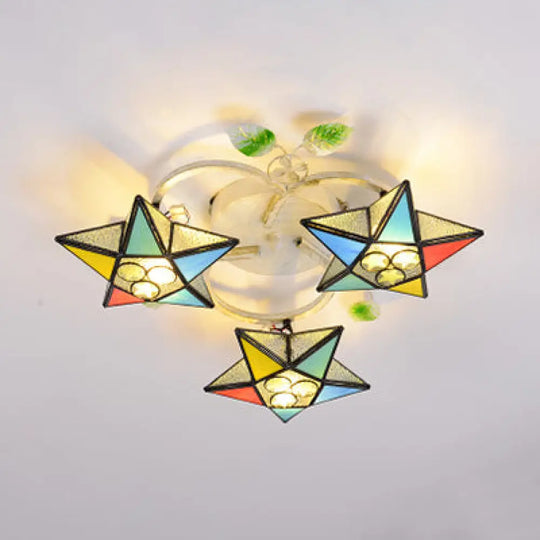 Modern Tiffany Stained Glass Flush Mount Ceiling Light With 3 Star - Shaped Heads In Vibrant