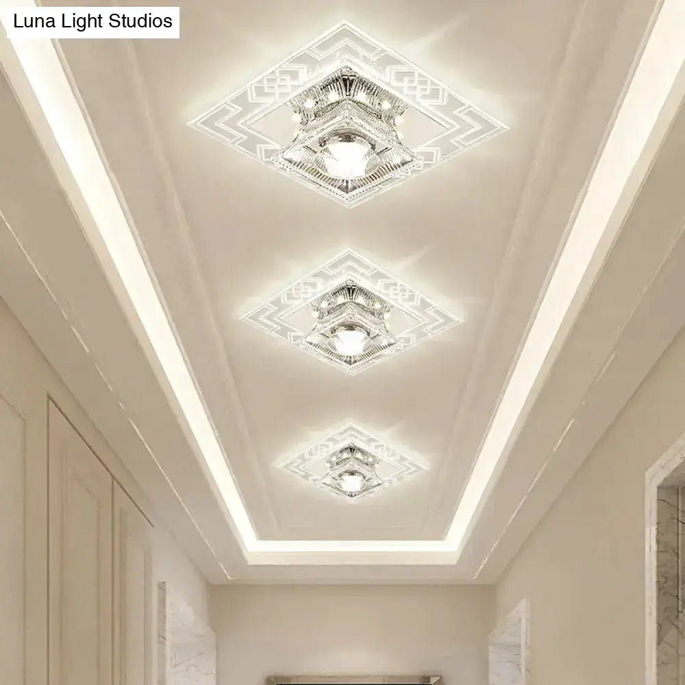 Modern Trapezoid Crystal Ceiling Lamp With Chrome Flush Mount - Clear Led Light For Corridor