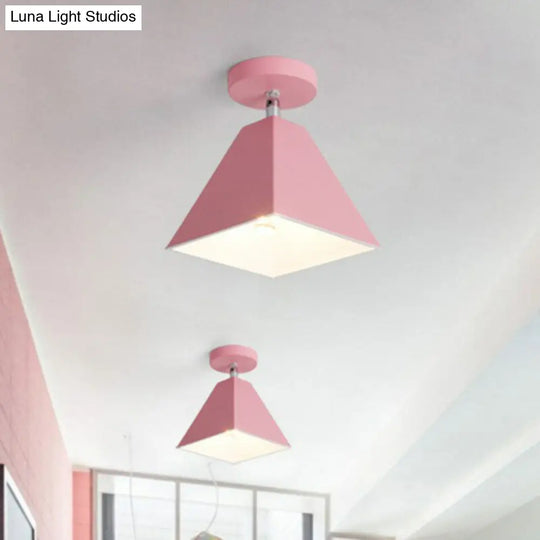 Modern Trapezoid Semi Flush Mount Ceiling Light - Single-Bulb Corridor Fixture Pink