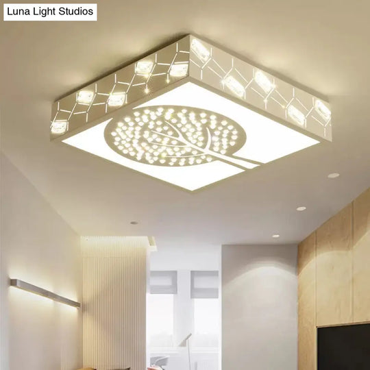 Modern Tree Metal Led Ceiling Light For Foyer - White Square Etched Flush Mount Fixture