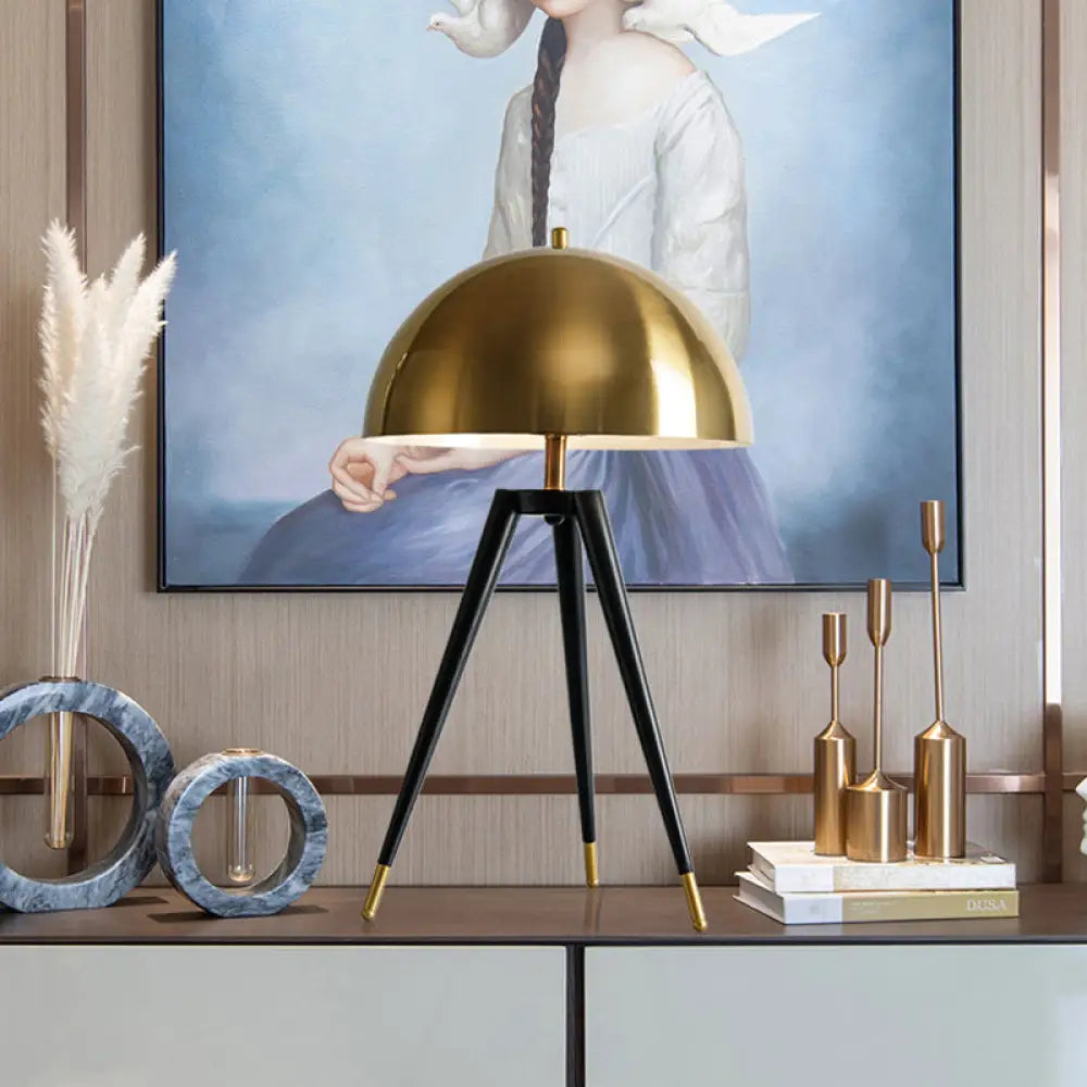 Modern Tri-Leg Nightstand Light Metallic Table Lamp With Gold Dome Shade