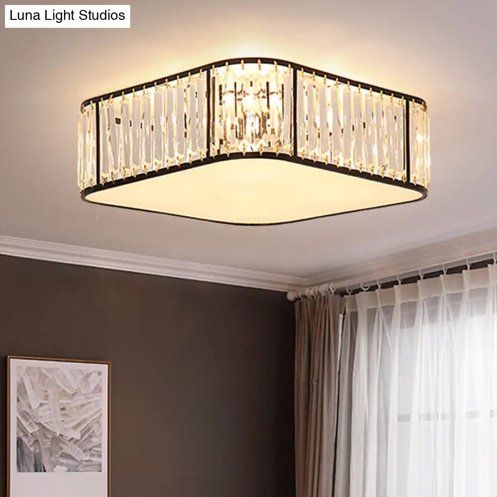 Modern Tri-Prism Crystal Square Flush Ceiling Light Stylish Living Room Lighting Fixture Black /