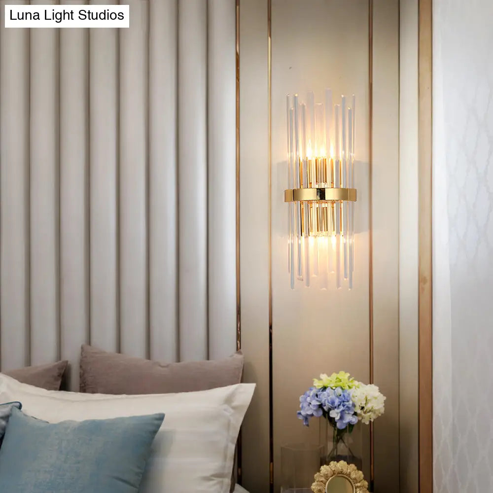 Modern Tri-Sided Crystal Rod Wall Light Fixture - Gold Sconce With Cylinder Design Dual Head