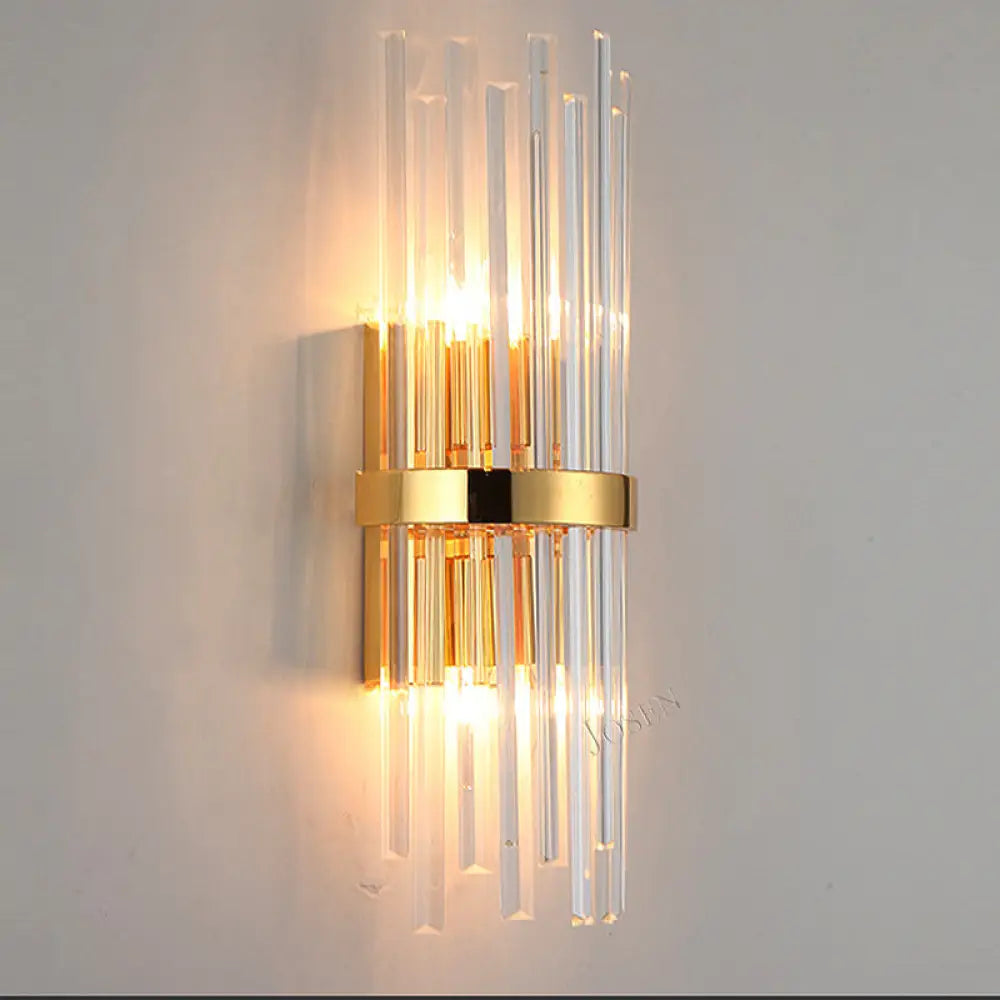 Modern Tri-Sided Crystal Rod Wall Light Fixture - Gold Sconce With Cylinder Design Dual Head