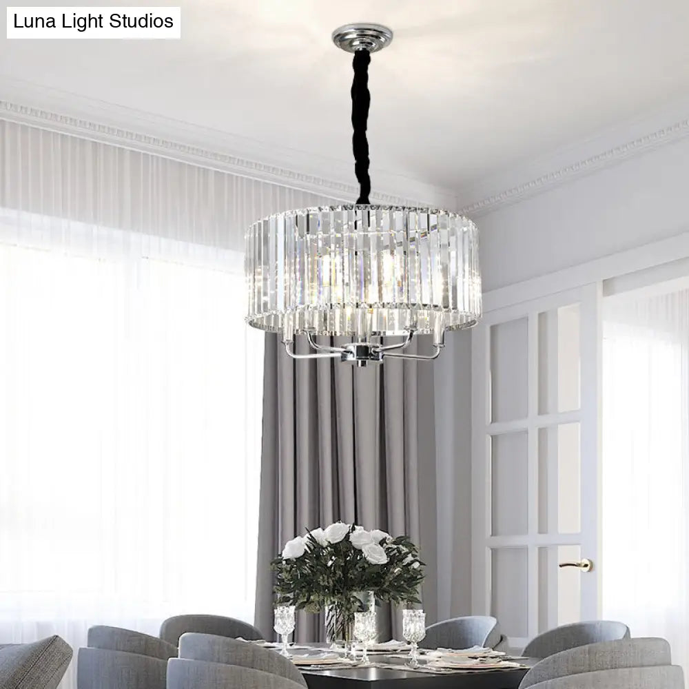 Modern Tri-Sided Glass Rod Drum Ceiling Light With Chrome Finish - 4 Lights 19.5/23.5 Wide