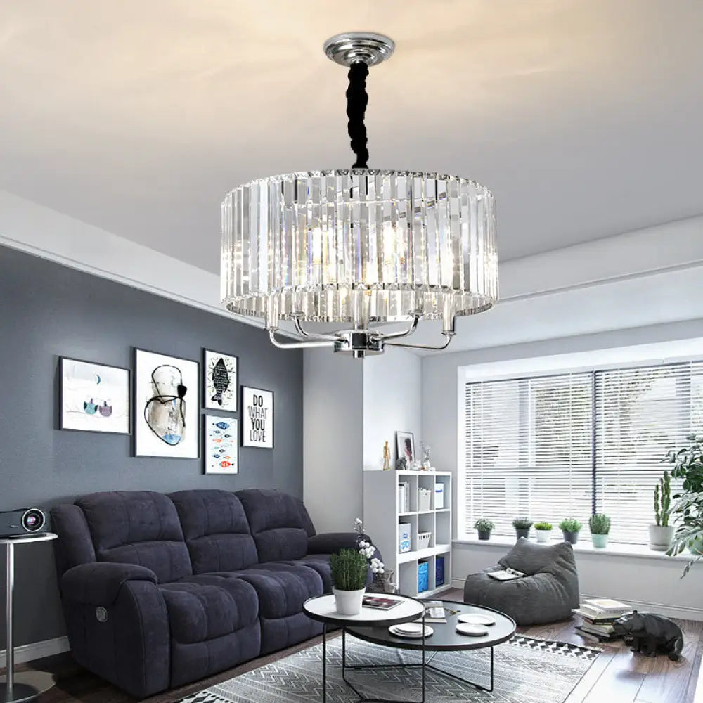 Modern Tri-Sided Glass Rod Drum Ceiling Light - 4-Light Chrome 19.5’’/23.5’’ Wide / 19.5’’