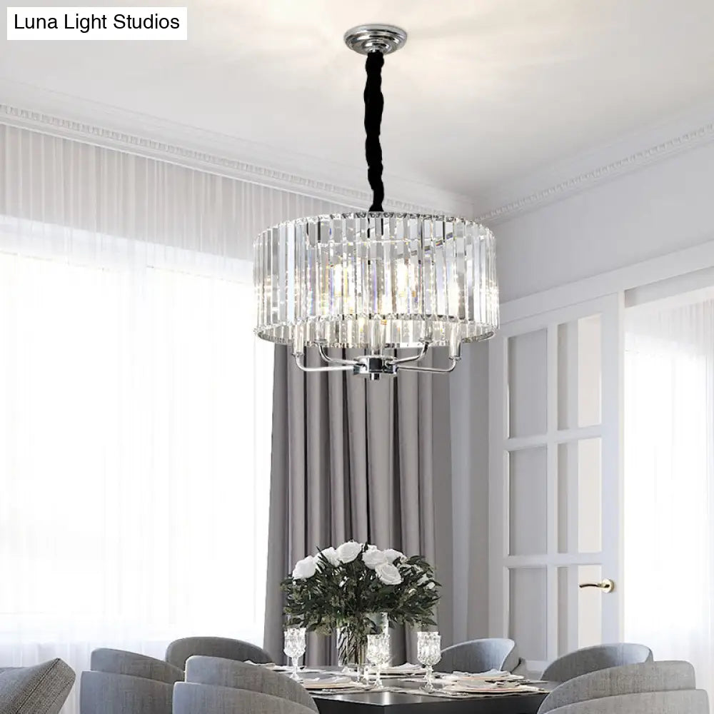 Modern Tri-Sided Glass Rod Drum Ceiling Light - 4-Light Chrome 19.5’’/23.5’’ Wide