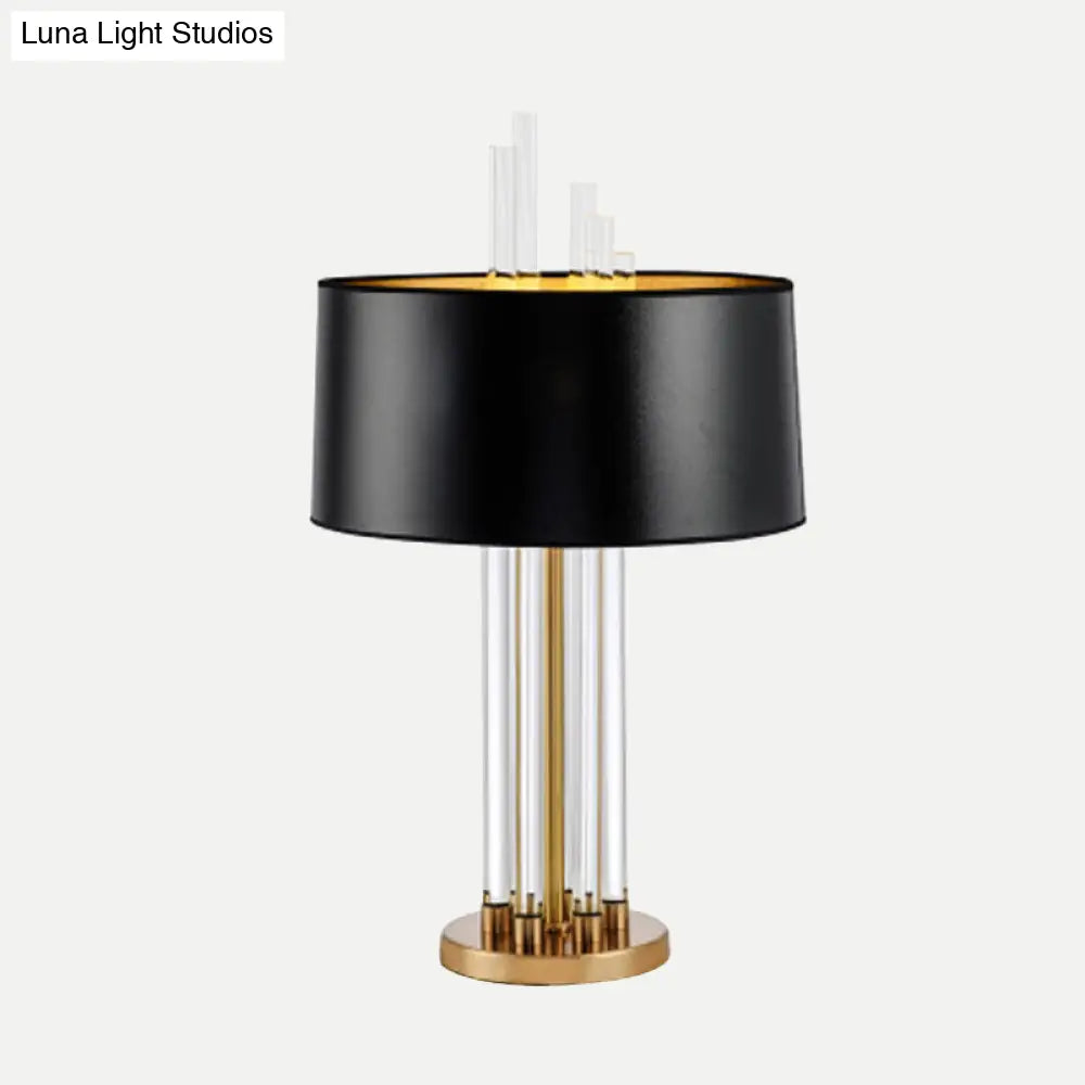 Modern Tubular Fabric Nightstand Lamp With Clear Crystal Accent And Gold Finish