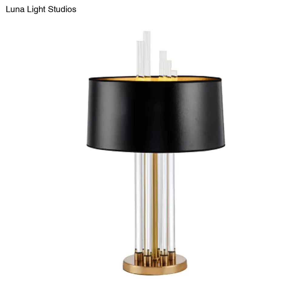 Modern Tubular Fabric Nightstand Lamp With Clear Crystal Accent And Gold Finish