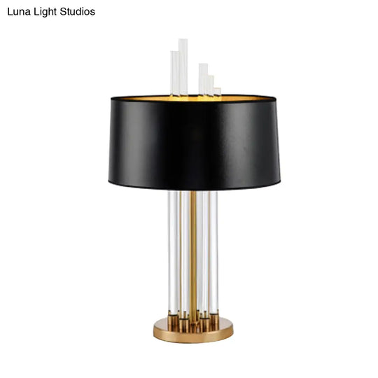 Modern Tubular Fabric Nightstand Lamp With Clear Crystal Accent And Gold Finish