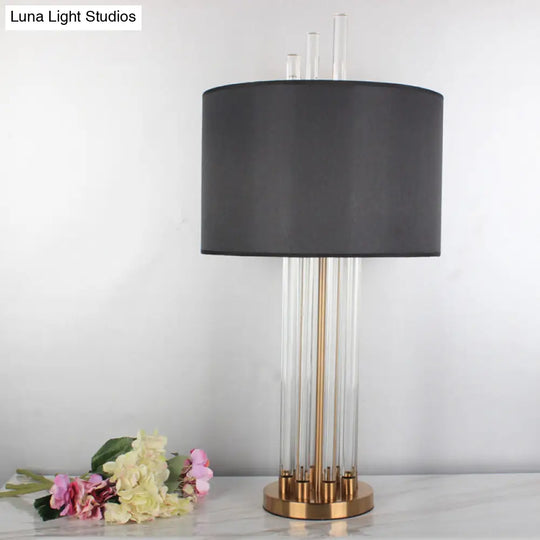 Modern Tubular Fabric Nightstand Lamp With Clear Crystal Accent And Gold Finish