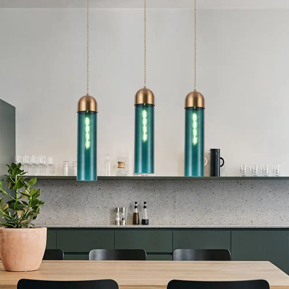 Modern Tubular Pendant Light - Sleek Glass Dining Room Lamp Blue