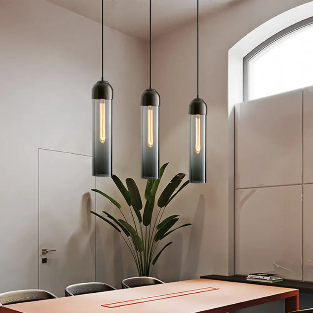 Modern Tubular Pendant Light - Sleek Glass Dining Room Lamp Smoke Gray