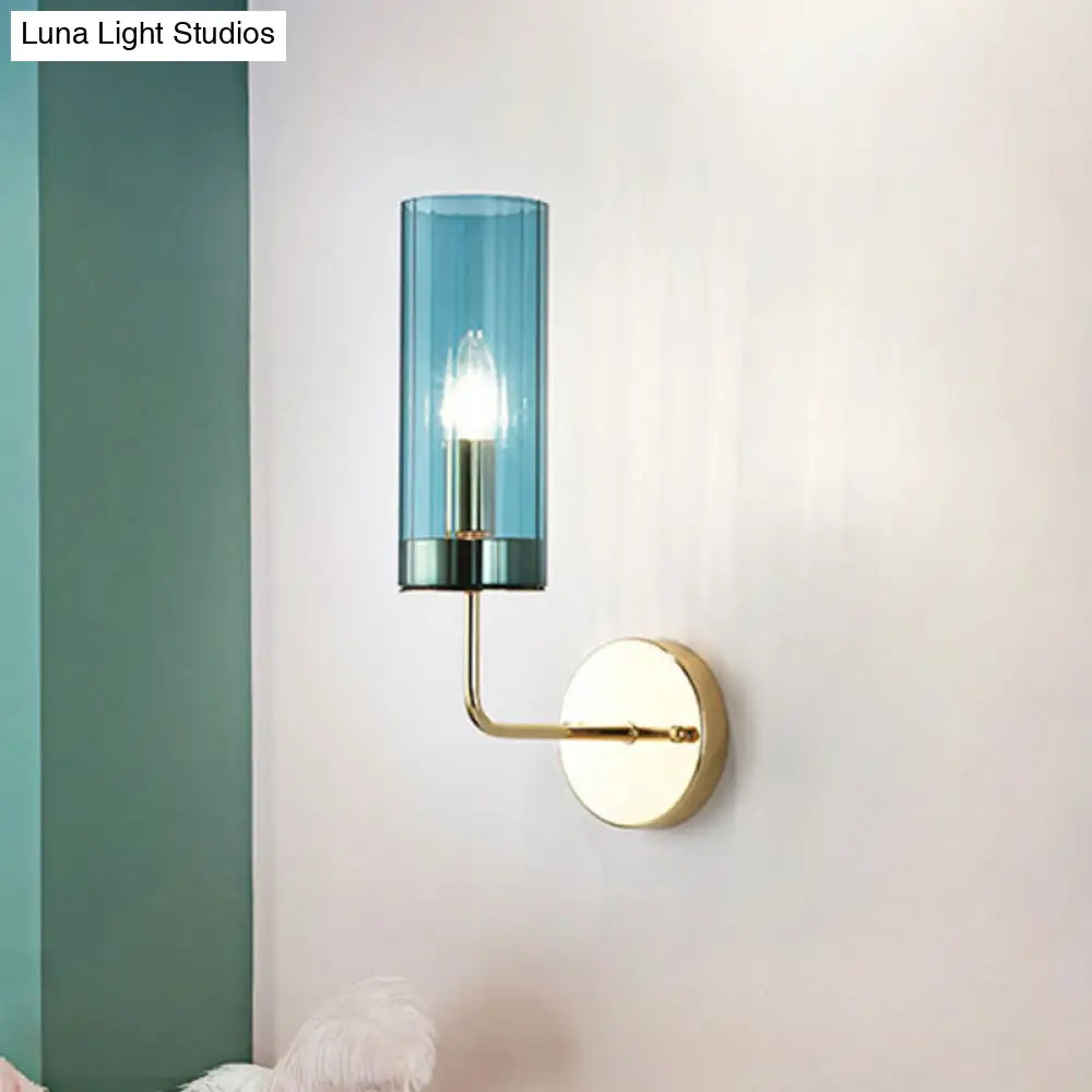 Modern Tubular Sconce: Cognac/Light Blue Glass Wall Mounted Light Fixture