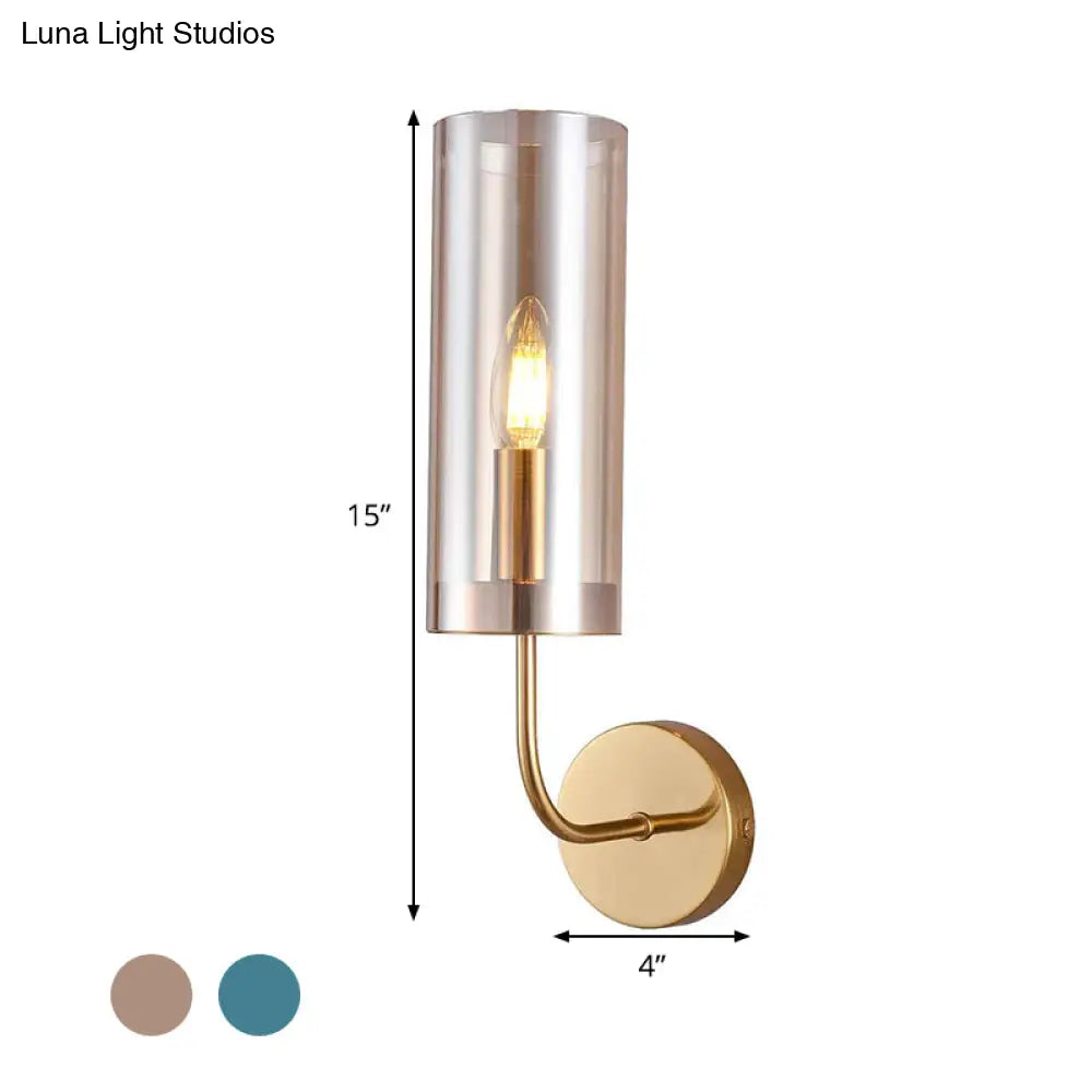 Modern Tubular Sconce: Cognac/Light Blue Glass Wall Mounted Light Fixture